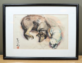 Framed Watercolor Painting Beverly Garnett Two Dogs Japanese