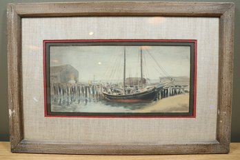 Vintage Framed Watercolor Painting Boat On Dock Unsigned