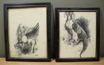 Set Of (2) Vintage Marta Mitchell Illustrations Mythical Creatures