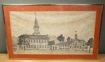 Vintage 1976 Bicentennial Woodblock Print Independence Hall Philadelphia Margery Niblock