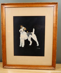 Vintage Framed Fox Terrier Painting On Fabric Signed E Wolf