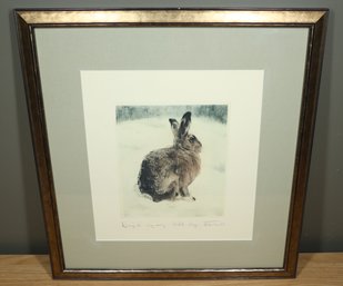 Vintage Framed Original Engraving Curt Meyer-Eberhardt Rube Gedanken (Sitzender Hase Im Schnee) Hare In Snow