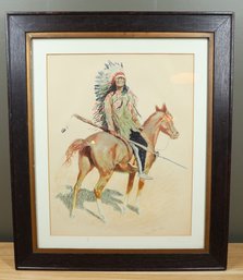 Vintage Framed Frederic Remington Print Native American Chief On Horse