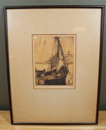 Antique Framed Lithograph Boat Scene Signed