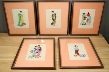 Lot Of (5) Vintage Framed Japanese Mixed Media Art Edo Period Woman In Komono