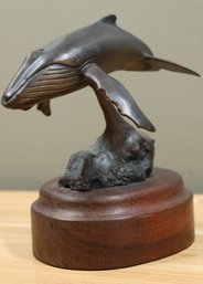 Vintage Bronze Signed Rune '83 Whale Statue Figure On Wooden Mount 1983