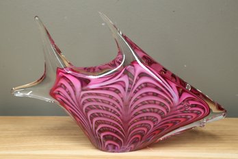 Vintage Murano Art Glass Pink Striped Fish Handmade Signed 1983