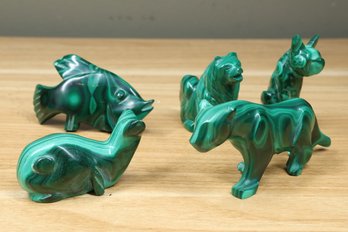 Lot Of (5) Hand-carved Malachite Animal Figurines Dog Cat Fish Whale