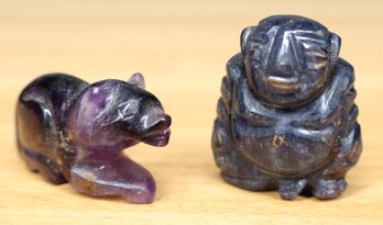 Pair Of (2) Small Carved Amethyst Figurines Buddha And Wolf