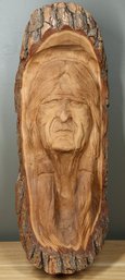 Vintage Carmen Dayton Wood Carving Native American Man In Tree Trunk Natural Bark Hanging Relief 1988