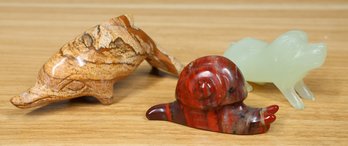 Lot Of (3) Hand-carved Figurines Jade Dog Dolphin Snail