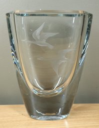 Vintage Strombergshyttan Malmo Sweden Art Glass Vase Lead Crystal - Birds Design Etched