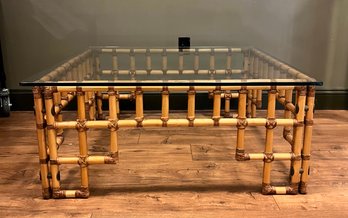Mid Century Bamboo Coffee Table Glass Top