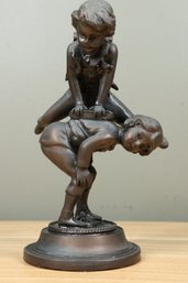 Saute Mouton 'Leap Frog' Bronze Of 2 Kids Playing Leap Frong