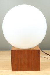 70s Mid Century Teak Wood Base Spere Orb White Glass Shade Table Lamp