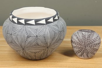 2 Acoma Pottery Signed C Vallo M Ascencio Line Medallion Designs Vase Bowl Planter