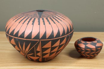 2 Acoma Pottery Signed Cynthia Romero C Ortiz Geometric Design Vase Bowl Planter