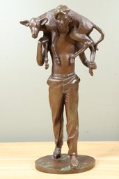 Christopher Parks Bronze Sculpture Of Young Man With Holding Calf On Shoulders