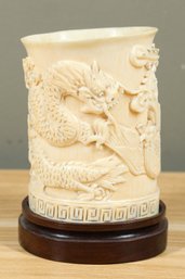 Anitque Chinese 19th Century Carved Brush Pot With Dragons