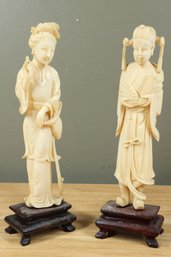 Set Of (2) Japanese Meiji Period Carved Okimono Figures Geisha Girl And Emperor