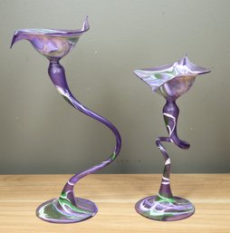 Penco Flame Glow Hand-Blown Glass Candle Holders Purple And Green