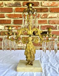 Antique Brass Three Arm Candelabra With Marble Base And Crystals