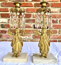 Two Brass Candelabras With Hanging Crystal And Marble Base
