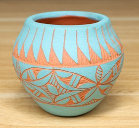 Signed 1992 GRP Acoma New Mexico Terracotta Seed Jar Turquoise Glaze Vase