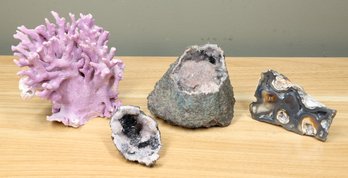 Lot Of (4) Pieces Geode Coral Brazilian Agate Goethite On Quartz