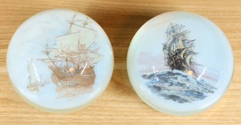 Set Of (2) Murano Art Glass Paperweights Sailing Ship Vintage