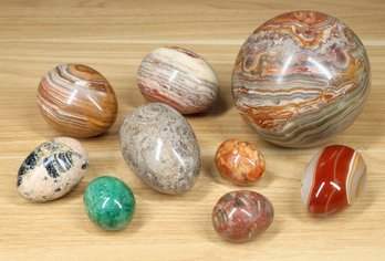 Lot Of (9) Gemstone Stone Eggs And Sphere - Agate Jasper Marble Granite