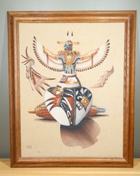 Signed Cleveland Nez Navajo Sandpainting With Turquoise Winged Figure And Vases 11/86