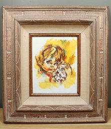 Signed Painting Boy And Dog Framed Vintage