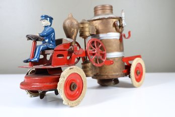 ORIGINAL 1920's WILKINS KINGSBURY 9' Steam Pumper Wind Up Toy Truck - Steel Tin