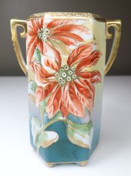 Antique Hand Painted Nippon Poppies And Gold Trim Double Handled Footed Octagonal Vase