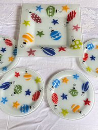Lot Of 4 Opaque Christmas Plates And Platter