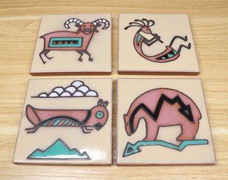 Set Of (4) Glazed Terracotta Art Pottery Tiles Drink Coasters Native American Southwest Navajo Cottoveneto