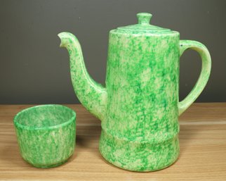 Stangl Green Caughley Spongeware Pattern Ceramic Teapot Coffee Pot And Cup Vintage