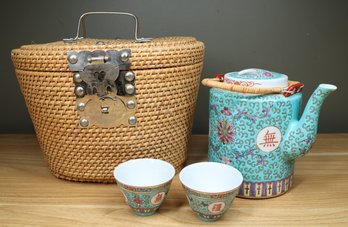 Floral Porcelain Tea Set With Carrying Basket