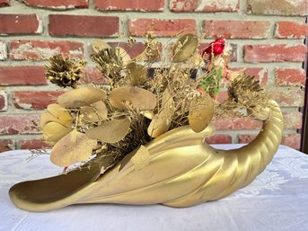 Gold Ceramic Cornucopia With Dried Flowers