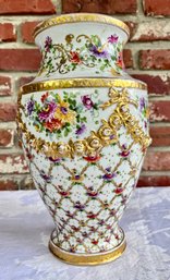 Antique Hand Painted French? Porcelain Gold Swags Floral Vase