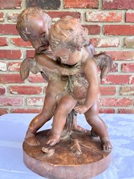 Sculpture In Earthenware After ETIENNE FALCONET 1716-1791 'Bataille Pour L'amour' Putti Fighing Over A Heart