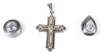 Lot Of Sterling Silver 925 Pieces - Sterling Silver Cross With Abalone -Sterling Silver Pendants With CZ's