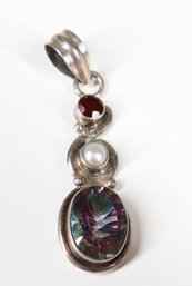 Sterling Silver 925 Dorp Pendant With Topaz' Garnet And Pearl - Topaz Pendant With Garnet And Pearl Sterling