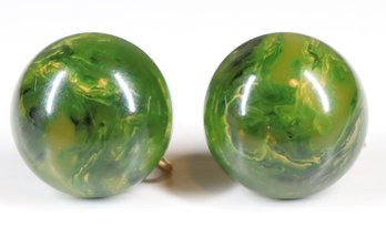 Art Deco Earrings Large Vintage 1940s Vivid Green End Of Day Marbled Bakelite Ball Shaped Screw Back