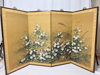Signed, Hand Painted Antique Folding Asian Silk Painting Room Divider Chinoserie Wall Decor