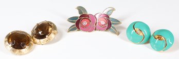 Lot Of (3) Pairs Costume Earrings Laurel Burch Deco Rose