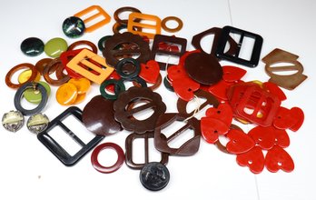 Lot Of Bakelite Items - Buttons, Buckles, Earrings Vintage