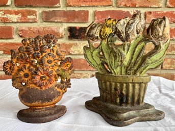 Two Antique Flower Basket And Tulip Basket Cast Iron Doorstop Doorstops