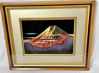 Vintage Japanese Mt Fuji Volcano Mountain Painting Signed Framed Matted